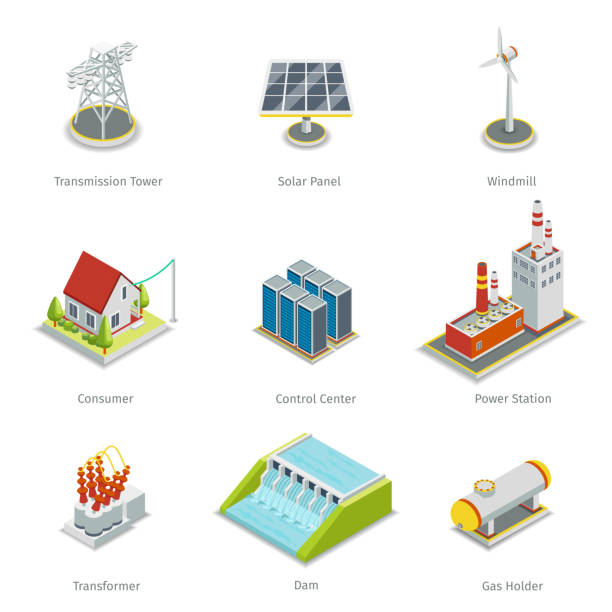 Smart grid elements. Power items vector set Smart grid elements. Power smart grid items vector set. Energy and electricity, transmission tower, solar panel, windmill and consumer house, control centre, power station illustration electricity illustrations stock illustrations