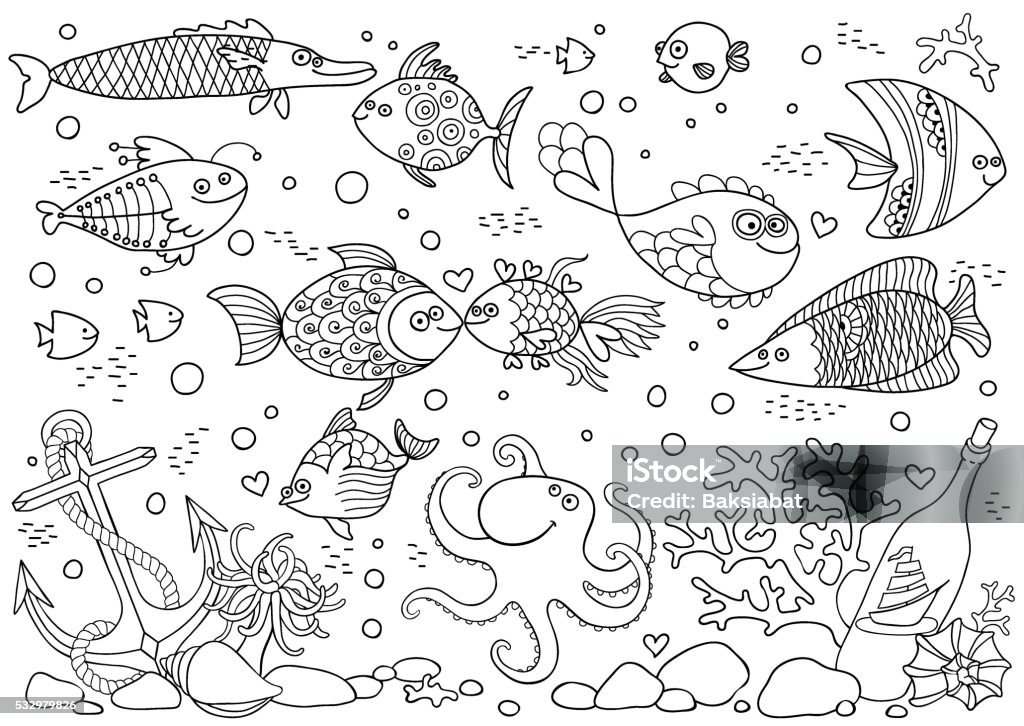 Coloring of underwater world. Aquarium with fish, octopus, corals, anchor Coloring of underwater world. Aquarium with fish, octopus, corals, anchor, shells, stones, bottle with sailboat. Vector illustration. Animal Markings stock vector