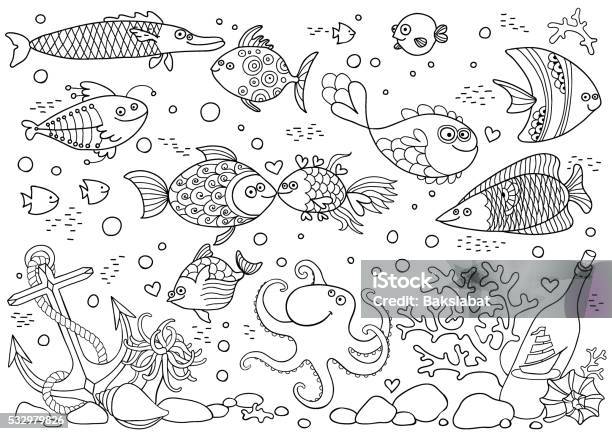 Coloring Of Underwater World Aquarium With Fish Octopus Corals Anchor Stock Illustration - Download Image Now