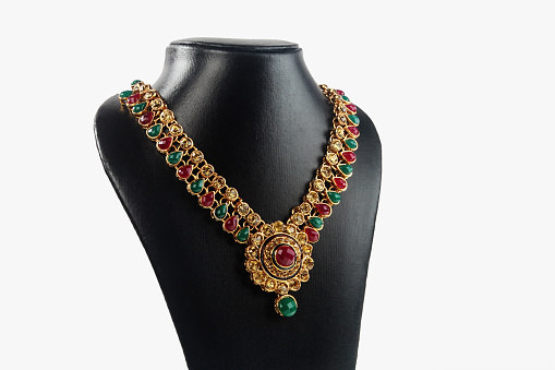      Indian Traditional Gold Necklace with Gem Stones