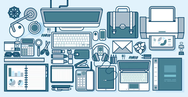 office supplies, gadgets, stationery on desktop in line style Set stock vector illustration isolated office supplies, gadgets, stationery on desktop in line style white background element info graphics, websites, icons, games, video, Motion Design wallet gun stock illustrations