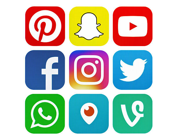 popular social media icons Kiev, Ukraine - May 15, 2016: Set of most popular social media icons: Facebook, Twitter, Instagram, Pinterest,WhatsApp, Youtube,Vine, Periscope, Snapchat on pc screen. social issues stock pictures, royalty-free photos & images