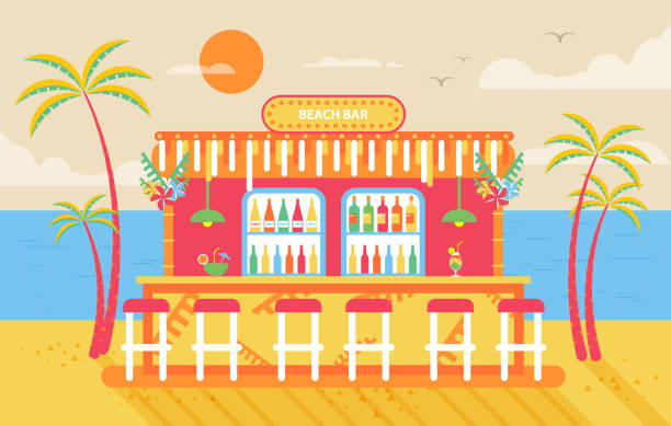 illustration of happy sunny summer day beach, bar counter, barstools Stock vector illustration of happy sunny summer day beach, bar counter, barstools for recreation on island, bright sun, palm trees in flat style element for info graphic, website, games, motion design beach bar stock illustrations