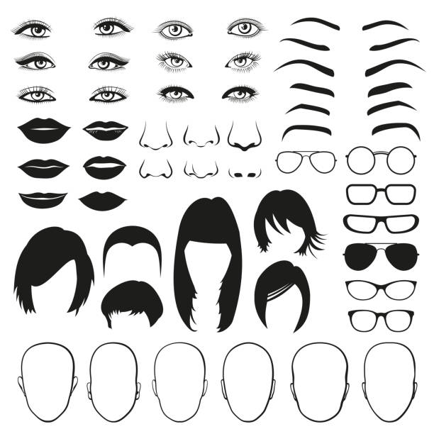 Woman face parts, eye, glasses, lips and hair. Vector set Woman face parts, eye, glasses, lips and hair. Face woman eye, face woman hair, face woman head and lip. Vector illustration set black and white woman stock illustrations