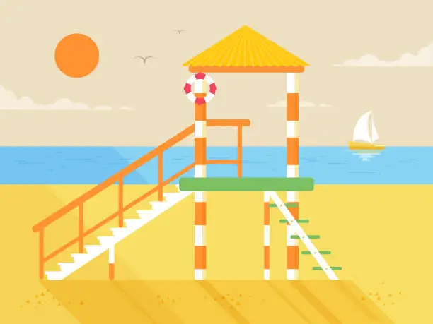 Vector illustration of illustration of happy sunny summer day at the beach, lifeguard