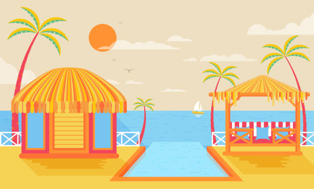 ilustrações de stock, clip art, desenhos animados e ícones de sol ilustração de feliz dia de verão na praia, bungalows em - infinity pool getting away from it all relaxation happiness