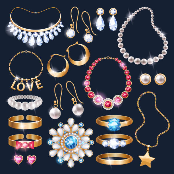 реалистичные иконки набор ювелирные изделия аксессуары - necklace chain gold jewelry stock illustrations