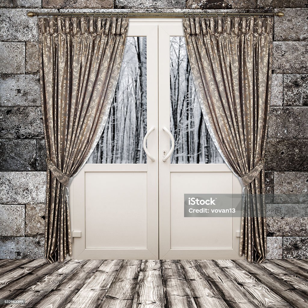 curtains home interiors with views of the background of the winter forest 2015 Stock Photo