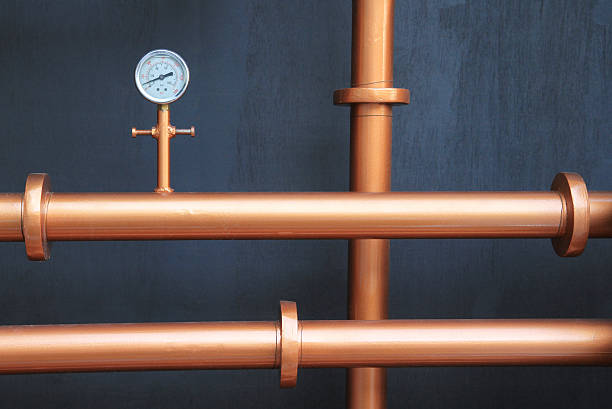 istock Pressure gauge meter installed on copper pipes 532986077