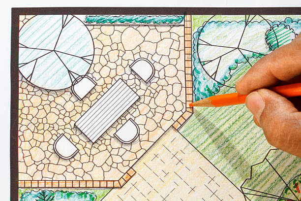 istock Landscape architect design patio in backyard garden plan. 532986189