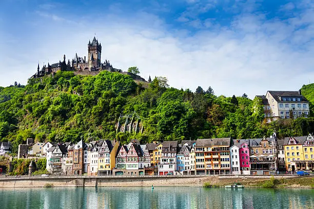 Panorama of Cochem with the Cochem Imperial Castle on the mountain and Mosel  river bellow at spring, Germany