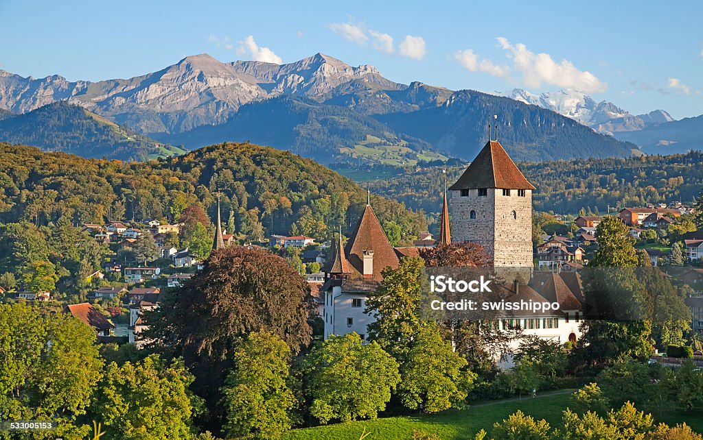 Spiez Castle Spiez castle on lake Thun (Jungfrau region, canton Bern, Switzerland) 2015 Stock Photo