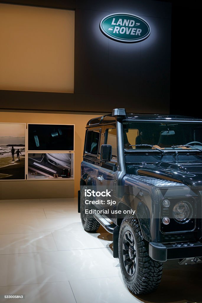 Land Rover Defender 90 Station Wagon Brussels, Belgium - January 15, 2015: Black and blue Land Rover Defender 90 Station Wagon on display during the 2015 Brussels motor show.  Land Rover Stock Photo