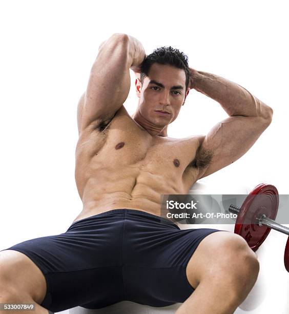 Fit Muscular Man Doing Abs Exercises Stock Photo - Download Image Now - 2015, Abdominal Muscle, Activity