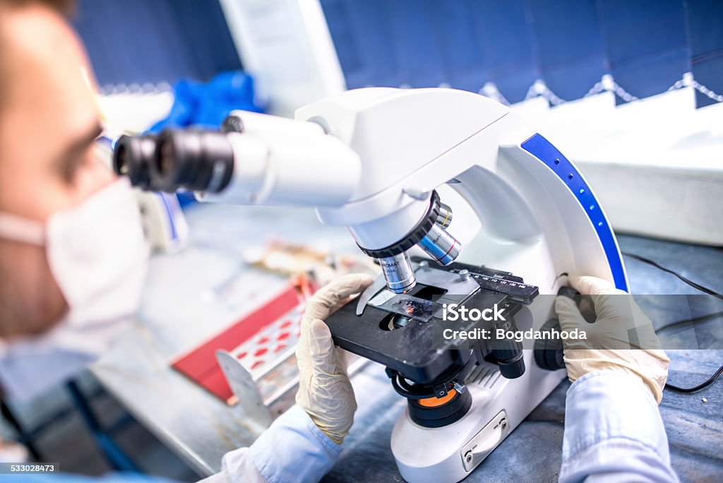 Chemist researcher working with microscope for forensic evidence 2015 Stock Photo