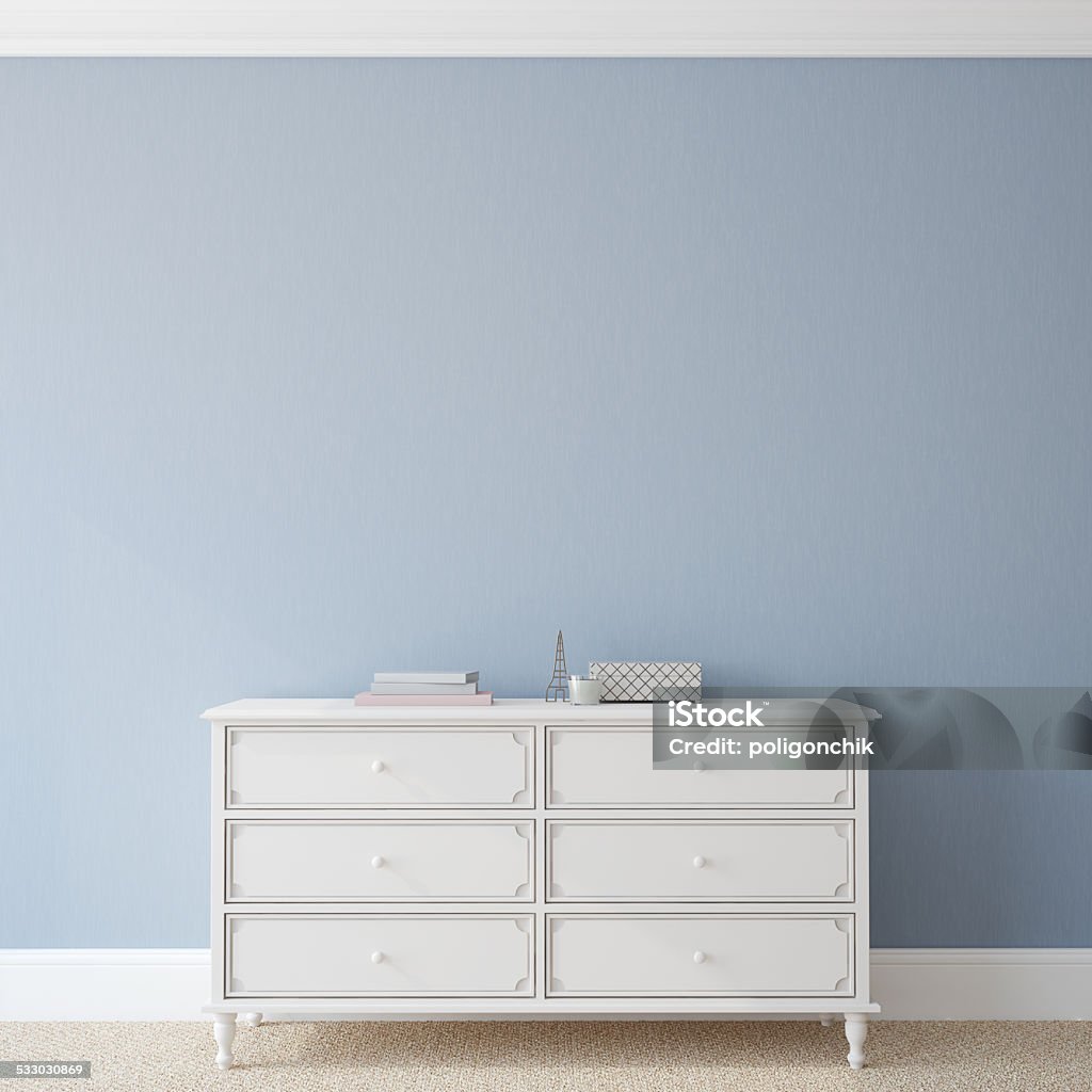 Interior with dresser. Interior with dresser near empty blue wall. 3d render. Dresser Stock Photo