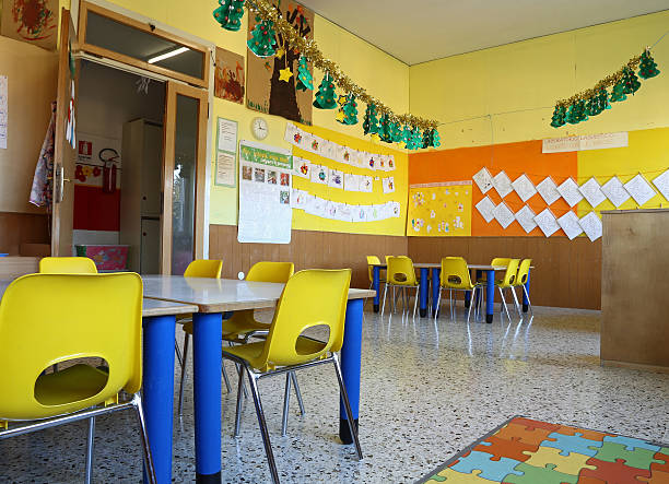 istock kindergarten classroom with chairs and table with drawings of ch 533031369
