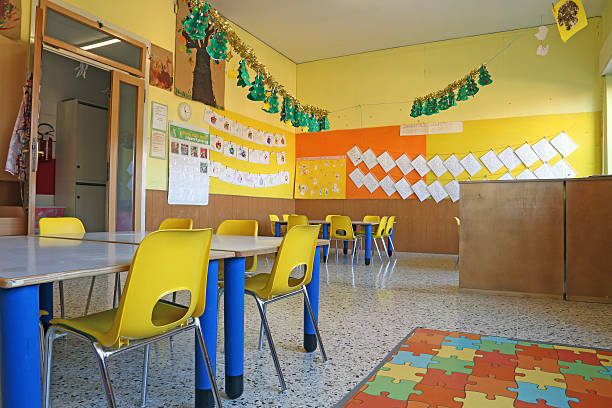 istock Preschool classroom with chairs and table 533031371