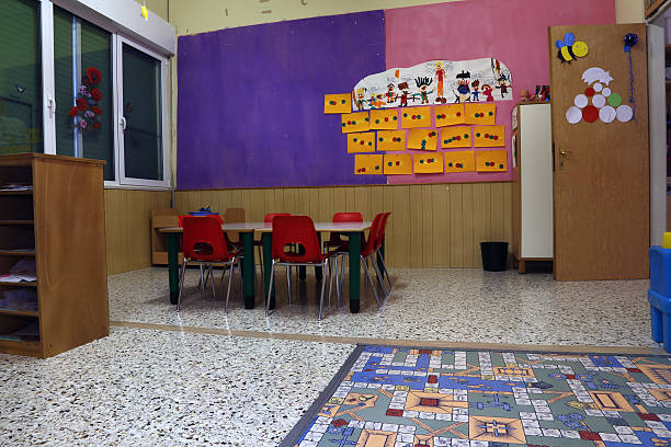 istock Preschool classroom with red chairs and table 533031373