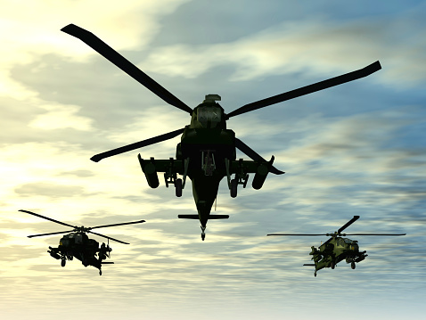 Computer generated 3D illustration with three Apache Helicopters