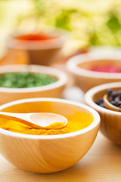 Various spices on old wooden table