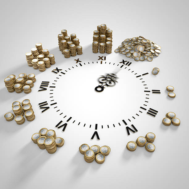 clock with  stacks of coins pile around, time is money concept.