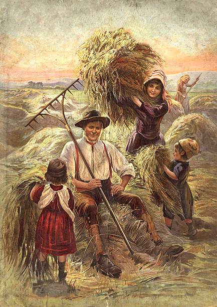Vintage engraving a Victorian farmer and children harvesting hay. 1894
