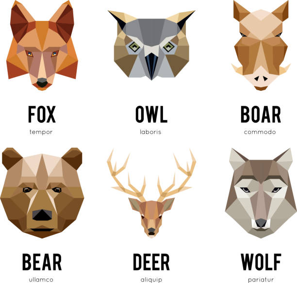Low polygon animal logos. Triangular geometric animals logo set Low polygon animal logos. Triangular geometric animals logo set. Bear low polygon logo, deer low polygon logo, fox low polygon logo, boar and wolf low polygon logo. Vector illustration wolf snout pictures stock illustrations