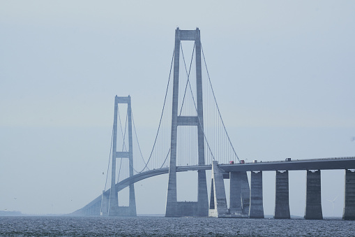 The center of the Great belt bridge zoomed in on from the Sealand side