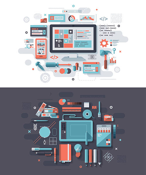 Programming & Graphic Design Concept Concept illustrations with flat design-styled vectors themed on programming and graphic design. EPS 10 file, layered & grouped, matrix color chart stock illustrations