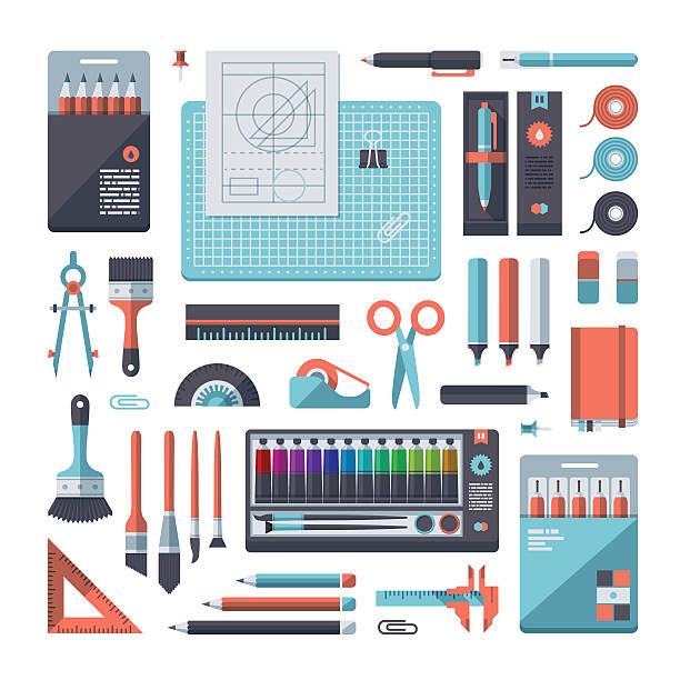 Stationery & Art Supplies Set A set of flat design-styled stationery and art supplies. EPS 10 file, layered & grouped,  vernier calliper stock illustrations