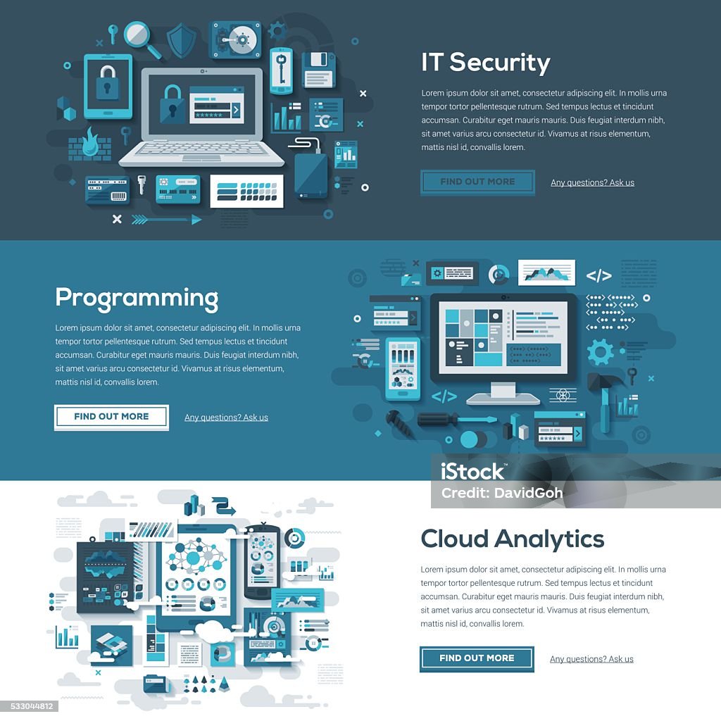 Tech Services Web Banner Set A set of web banners with flat design-styled vectors themed on IT security, programming and cloud analytics. EPS 10 file, layered & grouped,  Technology stock vector
