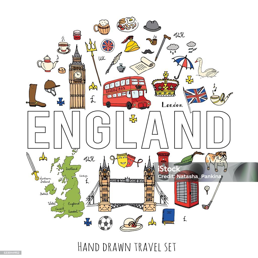 London Hand drawn doodle England set Vector illustration United Kingdom icons  Welcome to London elements British symbols collection Bus Horse riding Golf Crown Beer Lion Bulldog London bridge Big Ben Tower Afternoon Tea stock vector