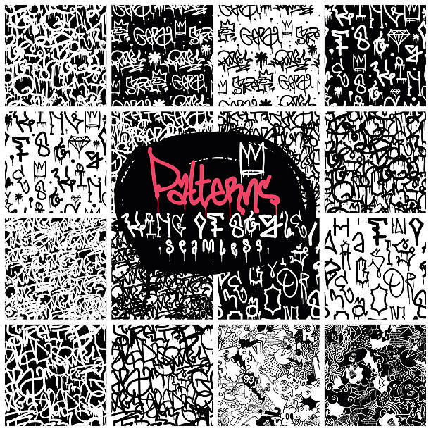 Big set of seamless patterns graffiti style Big set of seamless patterns, graffiti style, king of style in black and white colors. The set consists of 16 original calligraphy compositions word cool stock illustrations
