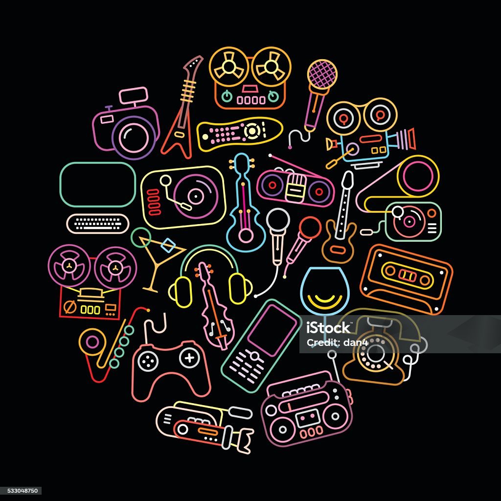 Neon Colors Entertainment Icons Entertainment icons round shape vector illustration. Neon colors silhouettes isolated on a black background. Television Set stock vector
