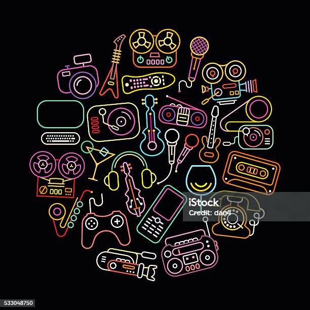 Neon Colors Entertainment Icons Stock Illustration - Download Image Now - Television Set, Karaoke, Neon Lighting