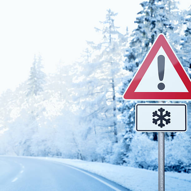 istock Winter Driving - Curvy Winter Road with Warning Sign 533049601