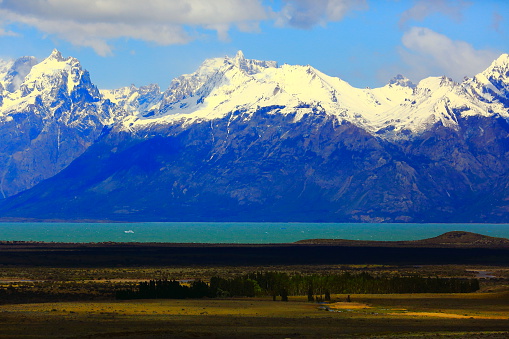 Snowcapped Andes, lake argentino at spring,  Chalten, Patagonia, Los Glaciares