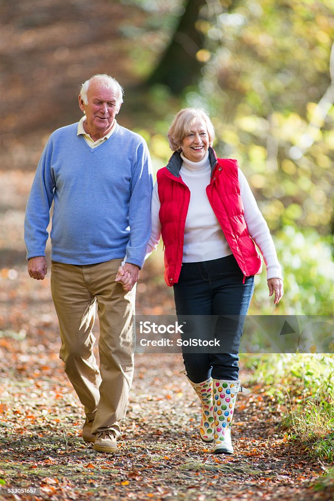 Senior Couple Walking Through the Woods A happy senior couple walk hand in hand through the woods together. 2015 Stock Photo