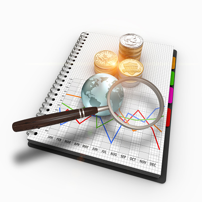 3D rendering Business graph, a magnifying glass and stacks of US coins. Market analysis with the graph and magnifier. Report and market research in notebook