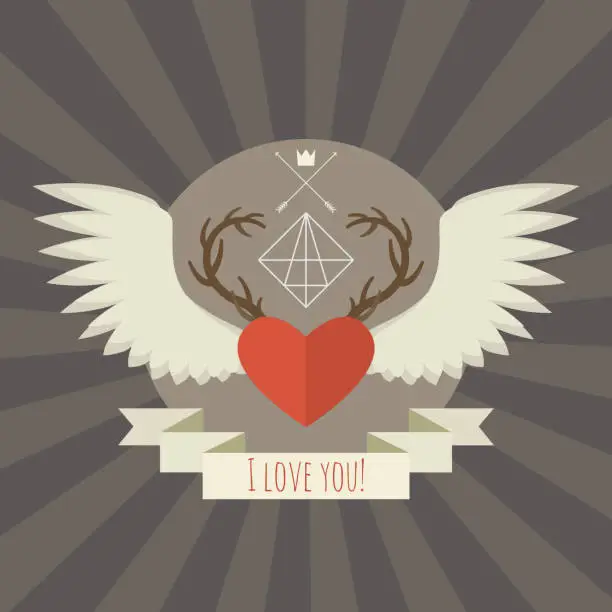 Vector illustration of Heart with deer antlers and wings on gray.