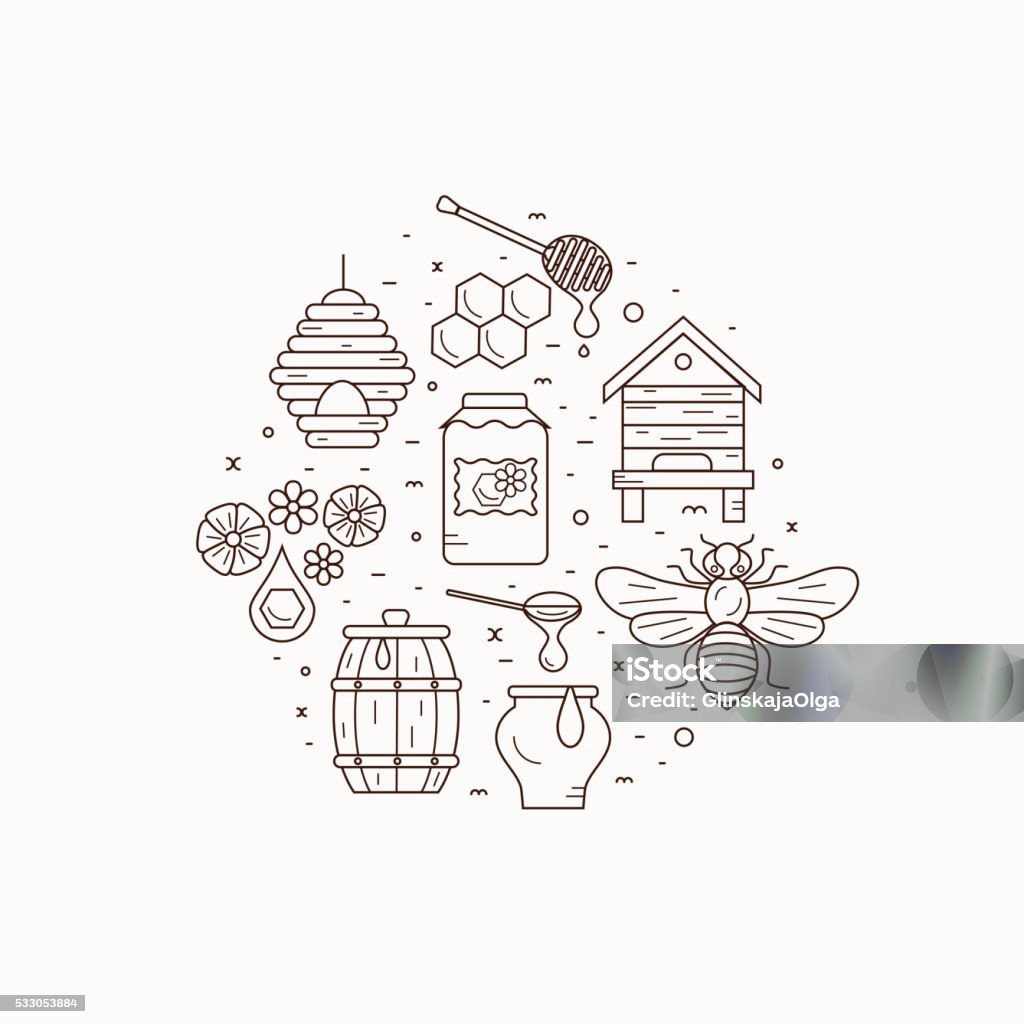 Honey bee house illustration. Honey bee house illustration. Honey bee vector symbol. Bee, honey, bee house, honeycomb, beehive, flower. Outline style honey bee house. Vector icon honey bee. Mead bee house  illustration Animal stock vector