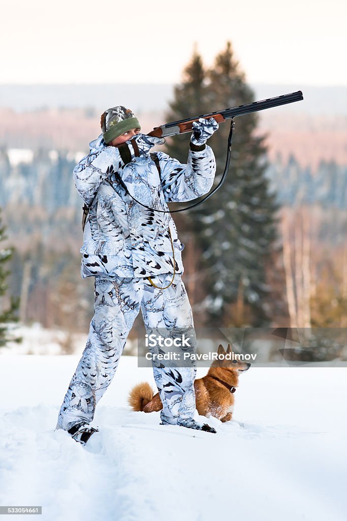 hunter with Finnish Spitz in winter hunter with dog on winter hunting Finnish Spitz Stock Photo