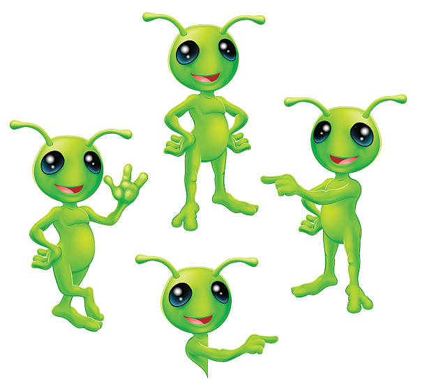 Cartoon Green Alien Set A cute cartoon green alien Martian character with antennae in various poses animal antenna stock illustrations