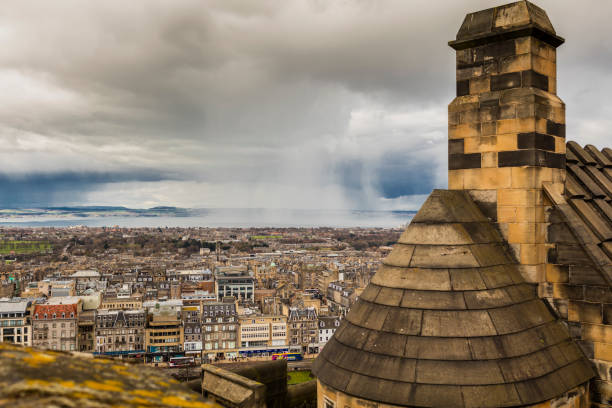 Edinburgh, Scotland, United Kingdom - April 7, 2016: Edinburgh, Scotland. Overlook on the city from the Castle, with clouds and rain.
