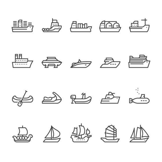 schiffe und boote vektor-icons - sea freight transportation transportation shipping stock-grafiken, -clipart, -cartoons und -symbole