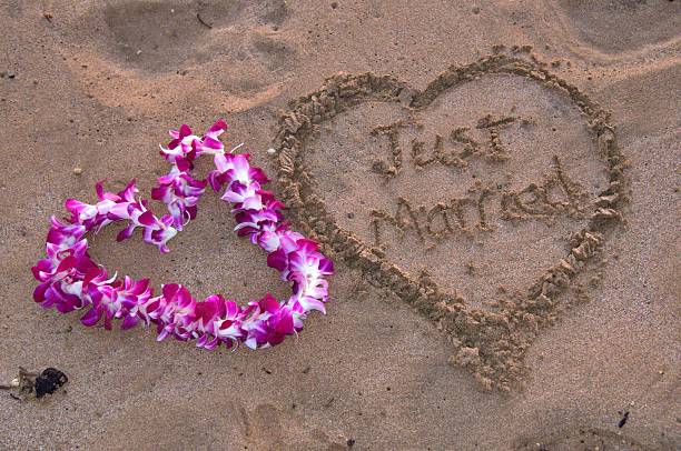 istock Just married in heart shape with flower lei 533060532