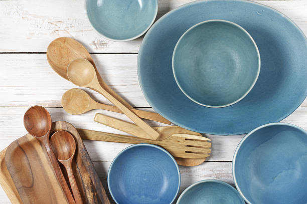 istock Blue crockery on white wood 533063186
