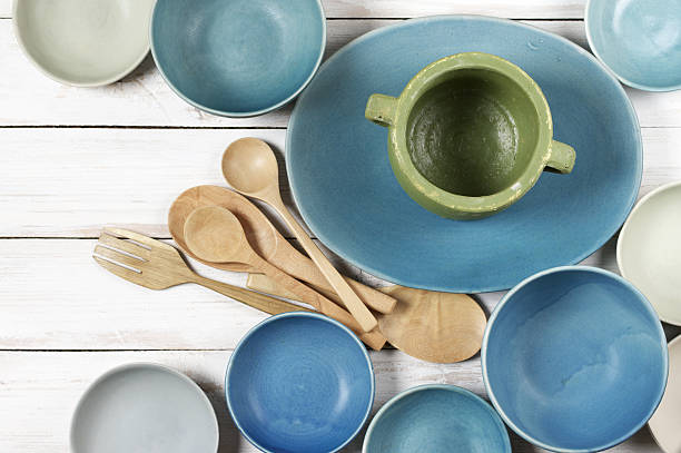 istock Blue crockery on white wood 533063358