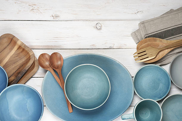 istock Blue crockery on white wood 533064060